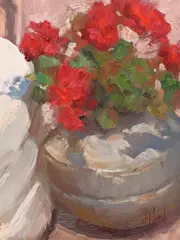 Don Ward, Still Life with Vase of Red Geraniums, oil on Masonite