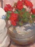 Don Ward, Still Life with Vase of Red Geraniums, oil on Masonite