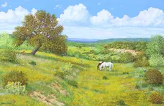 Manuel Garza, Texas Hill Country Landscape with Wildflowers, oil on canvas