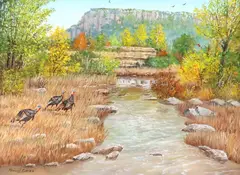 Manuel Garza, Autumn Landscape with Wild Turkeys, oil on canvas