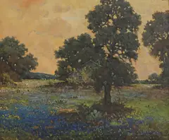 Robert William Wood, Texas Farm Landscape with Bluebonnets, oil on canvas