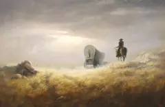 Dalhart Windberg, Cowboy with Stagecoach Under Breaking Clouds, oil on canvas