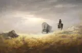 Dalhart Windberg, Cowboy with Stagecoach Under Breaking Clouds, oil on canvas