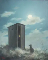 Dalhart Windberg, Moonlit Nocturne with Dog and Figure in Outhouse, oil on board