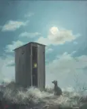Dalhart Windberg, Moonlit Nocturne with Dog and Figure in Outhouse, oil on board