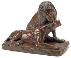 Georges Gardet, Lion et Lionne (lion and lioness), Patinated bronze sculpture