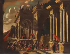 Italian School, Architectural capriccio showing the arrival of a condottiero, oil on canvas