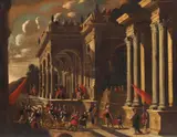 Italian School, Architectural capriccio showing the arrival of a condottiero, oil on canvas