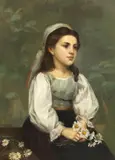Théobald Michau, Portrait of a young girl holding daisies, oil on canvas