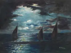 B. Avalos, Sailboats on moonlit waters, oil on canvas