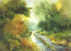 Bancroft Putnam Biggs, Road through a wooded landscape, watercolor painting on paper