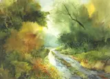 Bancroft Putnam Biggs, Road through a wooded landscape, watercolor painting on paper