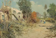 Luigi Bertolingrande, Figures on a village path, oil on canvas board