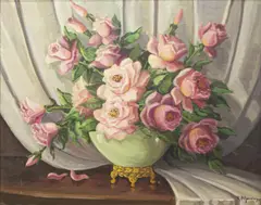R. Moseley, Still Life with Vase of Pink Roses, oil on canvas