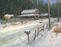 Lajos Markos, Red barn in the snow, oil on canvas