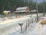 Lajos Markos, Red barn in the snow, oil on canvas