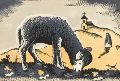 Willard Clark, Grazing Lamb with Mission Church, woodcut in colors on paper