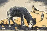 Willard Clark, Grazing Lamb with Mission Church, woodcut in colors on paper