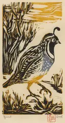 Nellie Buel, Quail, woodcut in colors on paper
