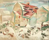 William Sommer, Red Roof and Snow Walk/ Brandywine Winter, oil on panel