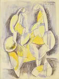 Raúl Anguiano, Cubist Figures, pastel drawing on paper