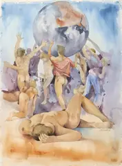 Tindal, Male Nudes and Globe, watercolor on paper