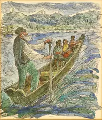 Chaim Goldberg, Four figures in a boat (possibly a view of Kazimierz from the Vistula river), ink and watercolor painting on paper