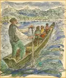 Chaim Goldberg, Four figures in a boat (possibly a view of Kazimierz from the Vistula river)