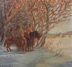 M. Cara Orcinicoff, Mounted Riders in a Winter Forest, Russian School oil on Masonite