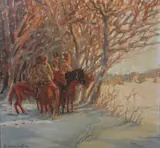 M. Cara Orcinicoff, Mounted Riders in a Winter Forest, Russian School oil on Masonite