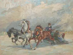 M. Cara Orcinicoff, Speeding Troika, Russian School oil on Masonite