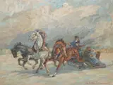 M. Cara Orcinicoff, Speeding Troika, Russian School oil on Masonite