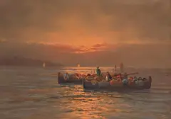 Remo Testa, Fishing Boats at Sunrise, Italian School oil on canvas