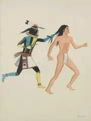 Waldo Mootzka, Kachina Warrior in Pursuit, watercolor painting on paper