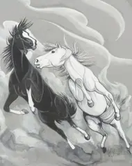 Frank Paul Vigil, Fighting Stallions, gouache painting on paper