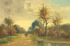 Henri Matthys, Two Figures in Wooded Landscape, oil on canvas
