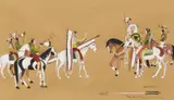 Carl Sweezy, The Meeting of the Chiefs, mixed media painting on paper