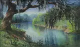 Dollie Spidle Nabinger, Waterside Wooded Landscape, pastel on paper drawing