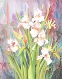 Janet Rucker, Bearded Irises, mixed media painting on canvas