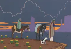 Arthur C. Begay, Navajo elders with burros and dog, gouache on colored paper