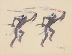 Robert Chee, Fire Dancers, gouache painting on paper
