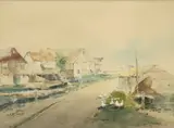 R. Hills Bemish, Coastal Village, watercolor and gouache painting on paper
