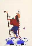 Jim Tartsah, Native Man with Staff and Roach Headdress, gouache painting on board