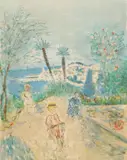 Constantin [Kostia] Terechkovitch, Child on a bicycle in the hills above the French Riviera, lithograph in colors on paper