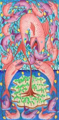 Charles Saül, Pink fish and mango tree, oil on Masonite