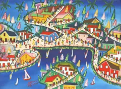 Merissaint Elissaint, Caribbean village and harbor, oil on canvas