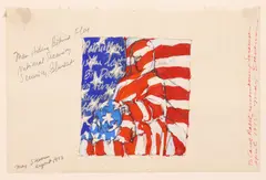 May Stevens, Man Hiding Behind Flag/ National Security Security Blanket, gouache painting with ink drawing and inscriptions on paper