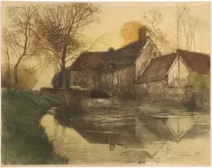 Henri Jourdain, Waterside Chateau at Sunrise, aquatint etching on paper