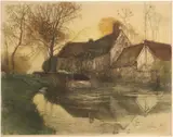 Henri Jourdain, Waterside Chateau at Sunrise, aquatint etching on paper