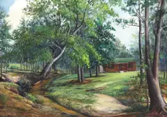 Elma Harvey Wall, Creekside Landscape with Cabin, oil on canvas
